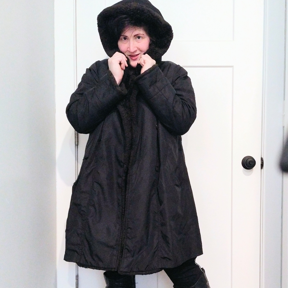 "Drizzle" hooded black designer raincoat /snowcoat